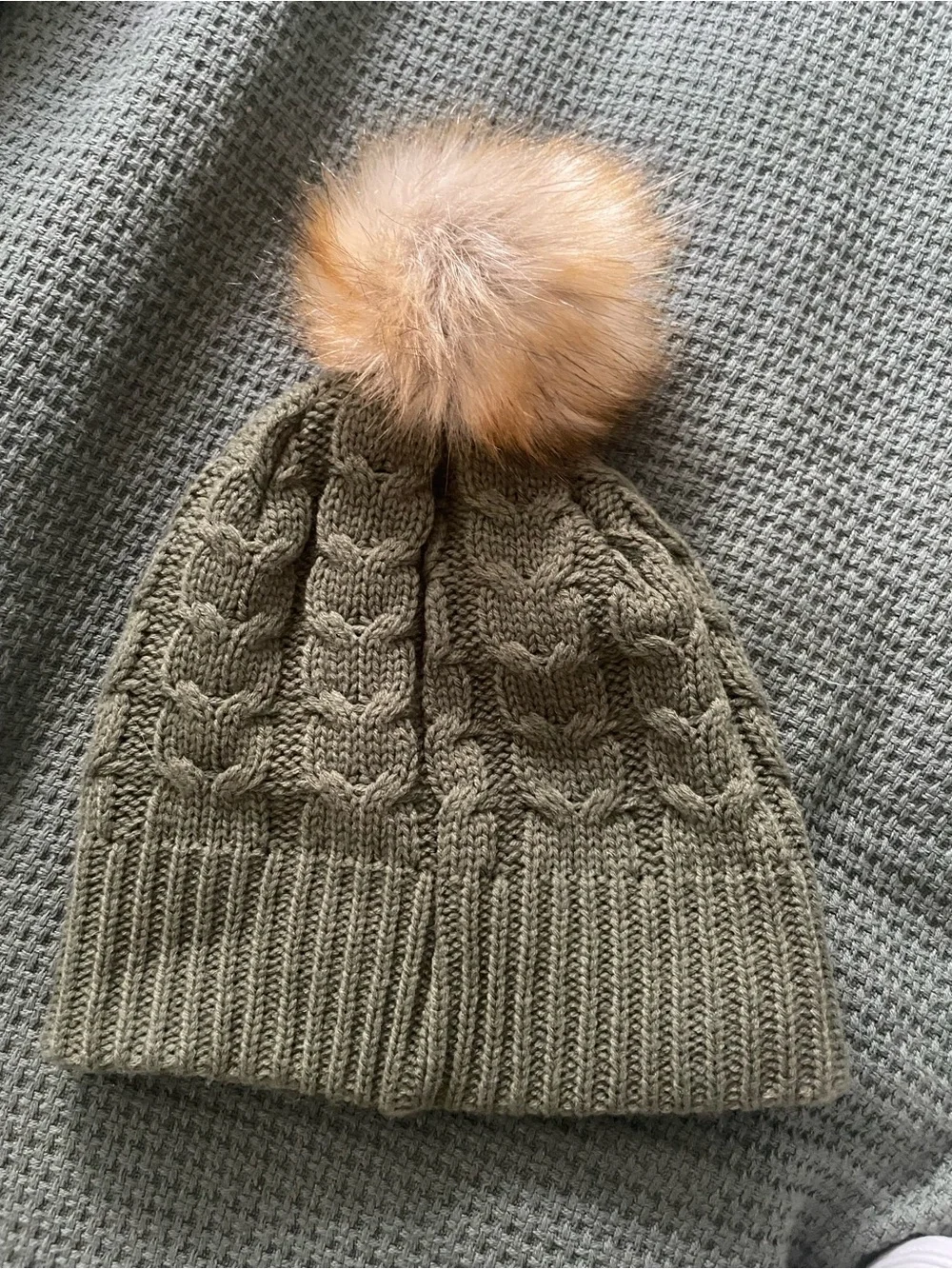 Olive Knit Pom Beanie with Faux Fur Pom